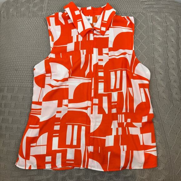CAbi Red and White Abstract Geometric Zip Blouse ~ Medium - Picture 1 of 10